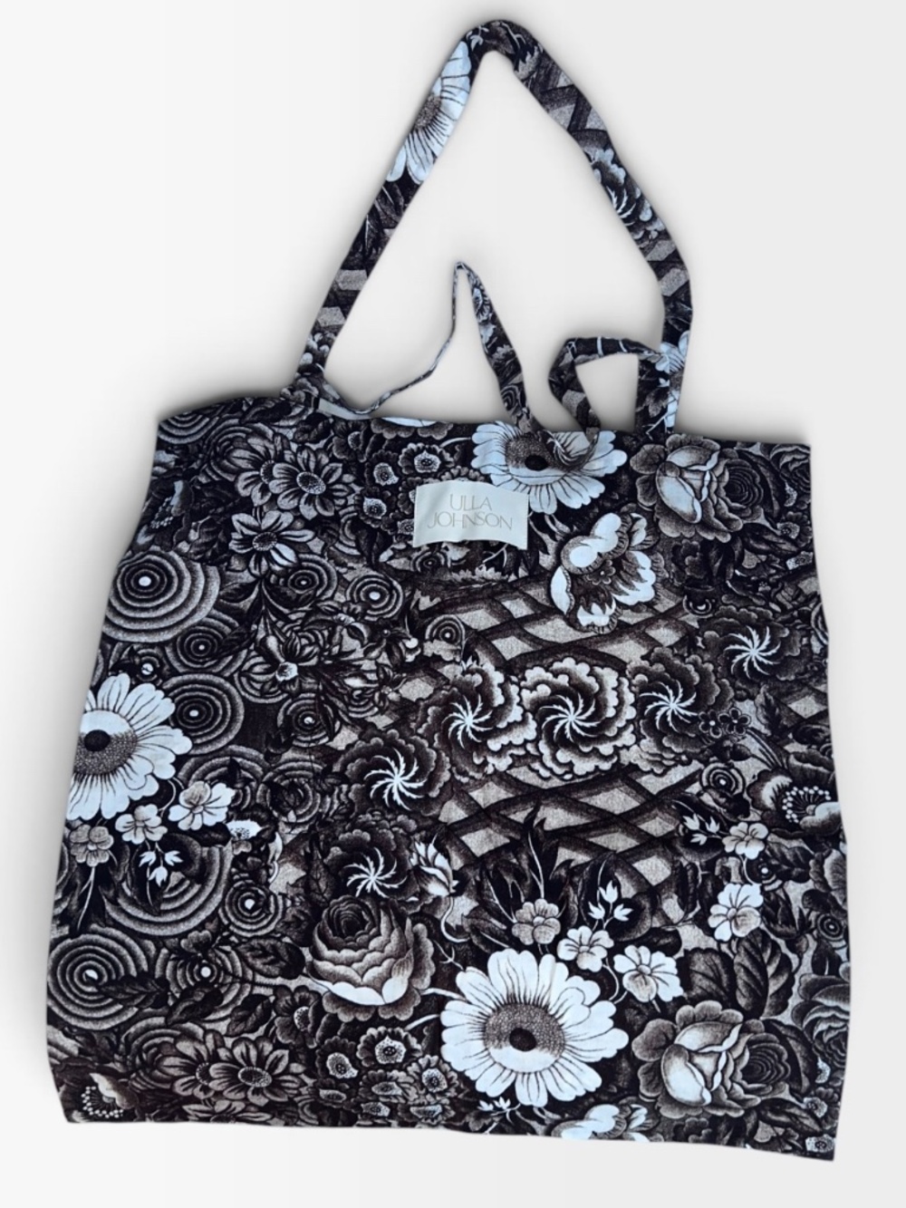 Ulla Johnson brown white fall flower print reusable cotton shopper tote bag 16"